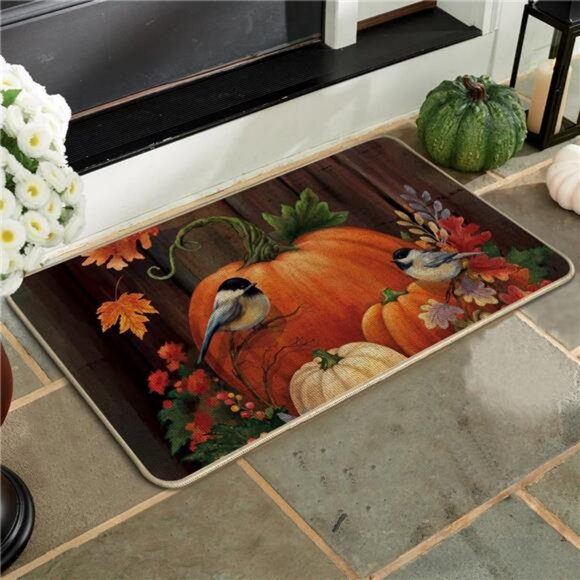 Fall Pumpkin Front Door Mat Indoor Outdoor Entrance 17x29, Autumn Maple Leaves - Picture 2 of 7